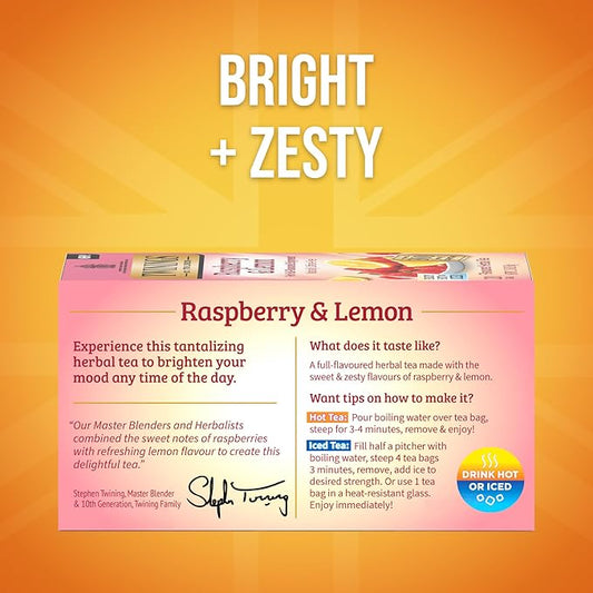 Twinings Raspberry & Lemon Herbal Tea Individually Wrapped Bags, 20 Count (Pack of 1), Unsweetened, Refreshing & Fruity, Naturally Caffeine-Free, Enjoy Hot or Iced, 20 Teabags