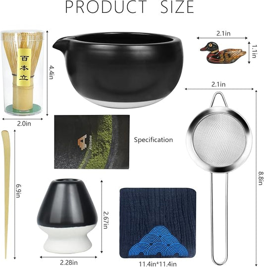 Artcome 7 Pcs Complete Matcha Ceremony Kit for Tea Ceremony, Bowl with Pouring Spout, Whisk, Tea Scoop, Matcha Powder Strainer, Matchatools For Making Usucha, Koicha and Matcha Latte (Black)