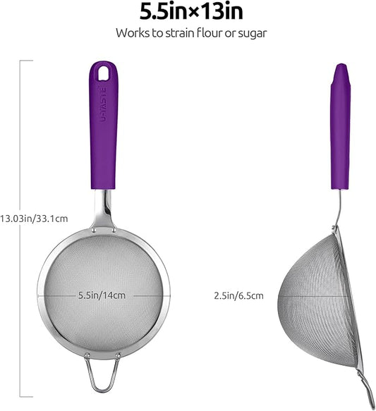 18/8 Stainless Steel Mesh Strainer: U-Taste 5.5 Inch Kitchen Fine Mesh Sieve Food Colander with Riveted Sturdy Silicone Handle and 30 Mesh Hole for Straining Flour, Pasta, Fruit, Quinoa (Purple)