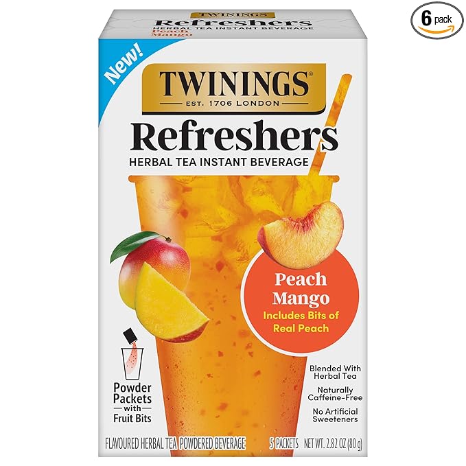NEW Twinings Peach Mango Refreshers, Herbal Tea Instant Beverage with Real Peach Fruit Bits, 5 Count