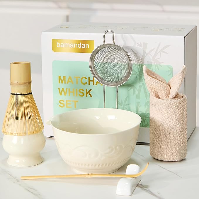 Matcha Whisk Set, Ceramic Matcha Set Kit, 7 Pcs Includes Bowl, Whisk and Holder, Bamboo Scoop, Scoop Rest, Strainer and Tea Towel (Freedom White)