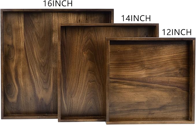 12 x 12 inches Large Square Ottoman Tray Wooden Solid Black Walnut Table Platter Decorative Serving Tray for Oversized Ottoman Home Breakfast in Bed Tea Coffee