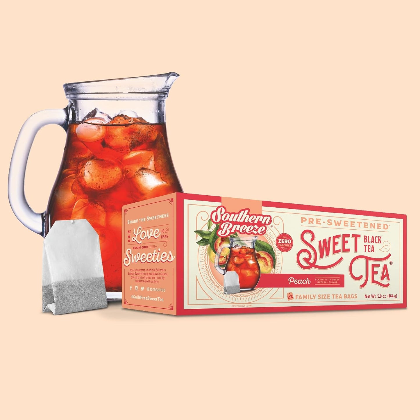 Southern Breeze Peach Family Size Tea Bags, 22 Ct (Pack of 2) | Southern-Style Sweet Tea | By the Pitcher | Zero Sugar | Zero Carbs | Hot Brew Ready | Perfect for Family