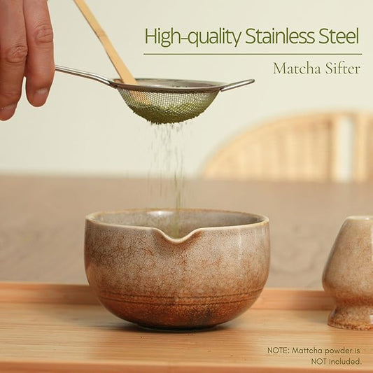 Matcha Set, Handcrafted Bamboo Chasen & Ceramic Bowl, 5 Pcs Matcha Set Whisk and Bowl with Stainless Steel Sifter