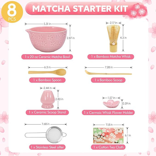 8 PCS Matcha Whisk Set Cute cute matcha bowl and Bamboo whisk set Ceremonical Matcha Making Kit Ceramic Whisk Holder Stand, Sifter, Scoop Japanese Tea Tools For Ceremony Gift-Pink