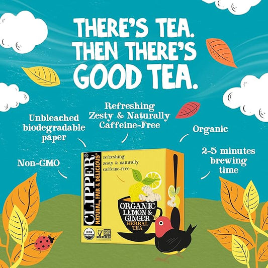 Clipper Tea Lemon & Ginger Teabags – Caffeine Free, USDA Organic, Great Hot or Iced – Aromatic, Natural, Fair & Delicious – 50 Tea Bags