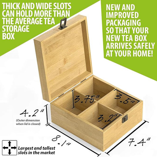 Bamboo Tea Organizer Box Chemical Free Big, Tall, Adjustable Cubbies Natural Wooden Storage Chest (4-Slot Square 7.4" x 8.1" x 4.2" Blank)