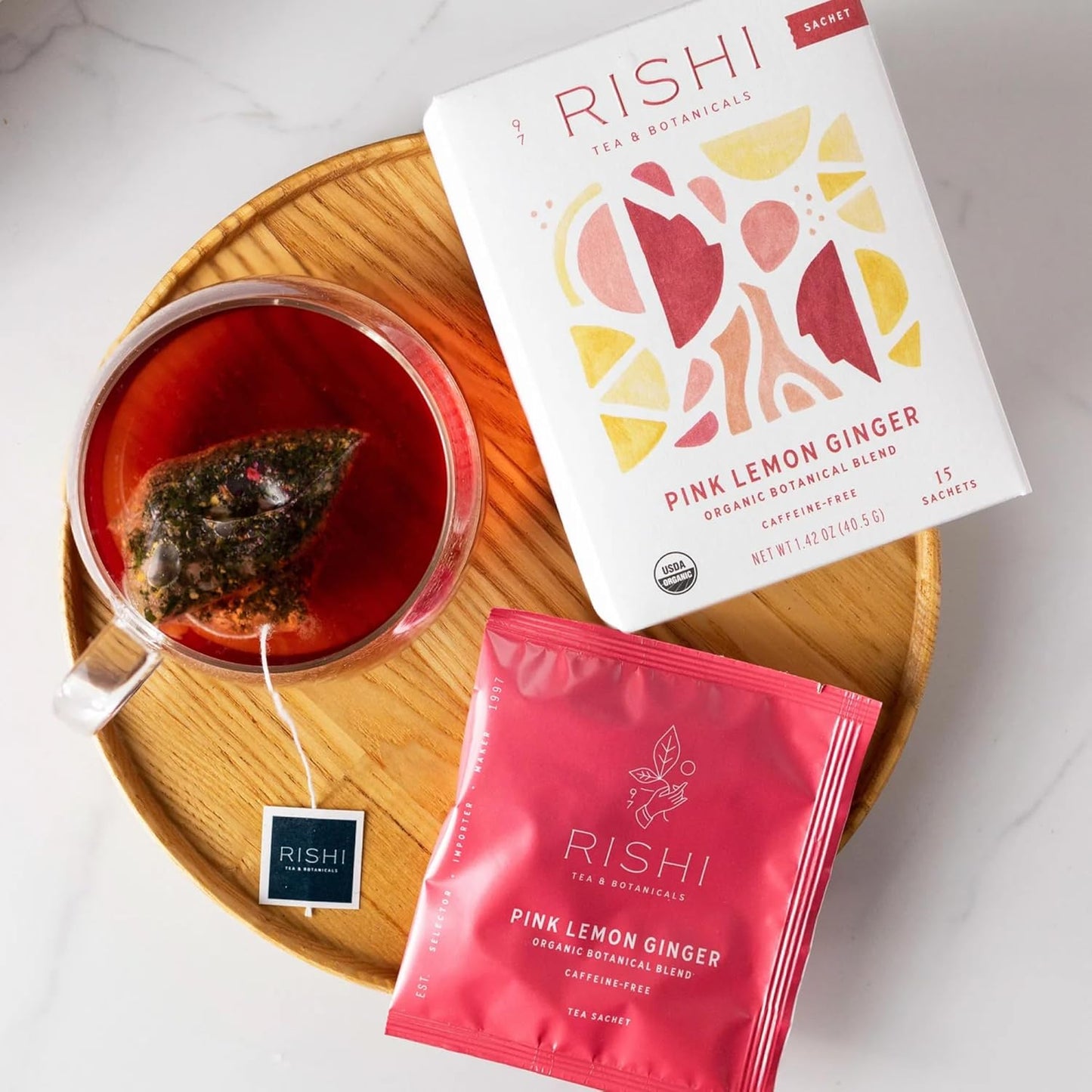 Rishi Tea Pink Lemon Ginger Herbal Tea - Organic, Caffeine Free Sachet Bags, Tangy & Naturally Sweet Botanical Blend, Enjoy Hot or Iced - 15 Count (Pack of 1)