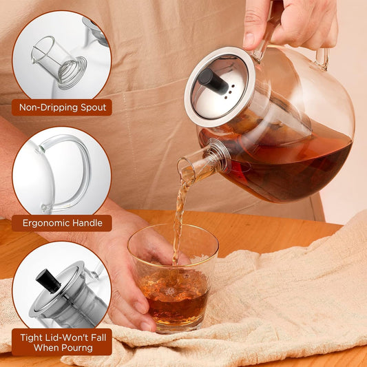 1500ml(50oz) Glass Teapot with Removable Infuser, Ehugos Stovetop Safe Large Tea Pot, Blooming and Loose Leaf Hand Crafted