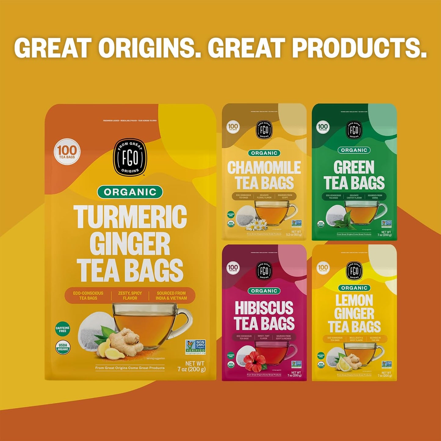 FGO Organic Turmeric Ginger Tea, Eco-Conscious Tea Bags, 100 Count, Packaging May Vary (Pack of 1)