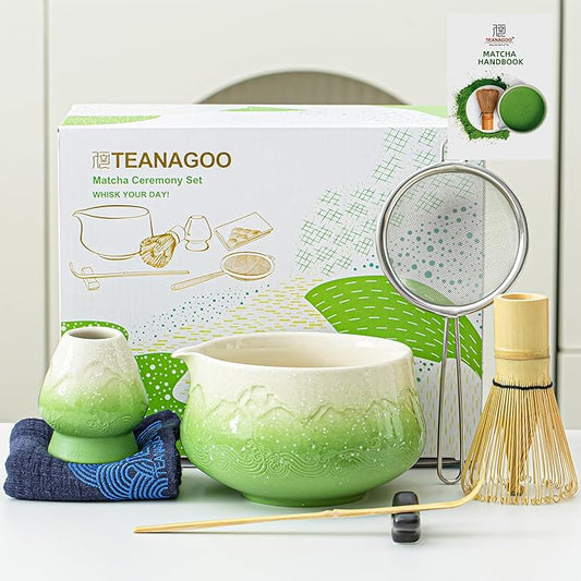 TEANAGOO 7 Pcs Matcha Whisk Set,Green Matcha Set, Ceremony Matcha Powder Kit,Matcha Tea Set for Making Latte,Matcha Whisk Set and Bowl with Scoop&Sifter,Fuji Design Ceramic Bowl,Gift for Matcha Lovers