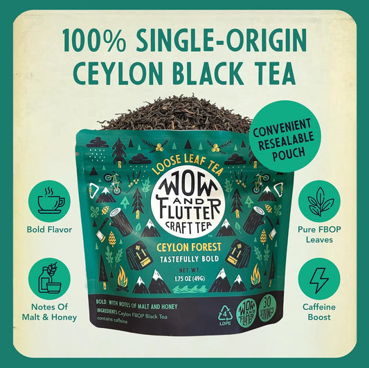 Wow and Flutter Ceylon Forest Loose Leaf Black Tea, Sri Lankan FBOP 1.75 oz | Single-origin grown with bold, smooth flavor natural sweet malt + honey notes for daily enjoyment, small-batch fresh packed