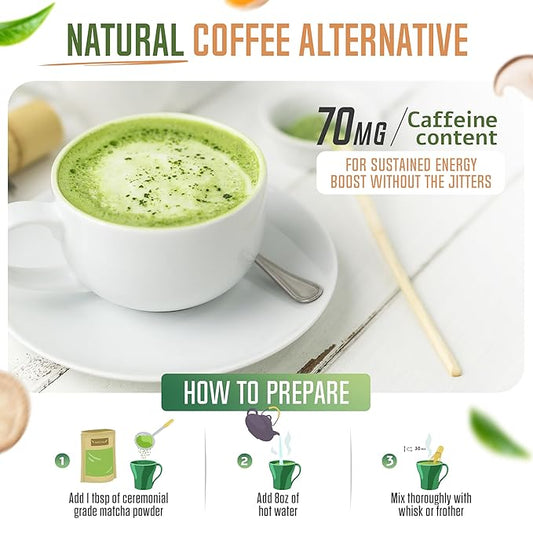 ReviTEAlize Matcha Mushroom Powder Latte Blend - Organic Japanese Ceremonial Grade Matcha Powder - Healthy Coffee Alternative - (30 Servings)