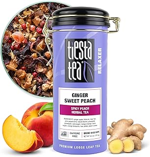 Tiesta Tea - Ginger Sweet Peach, Loose Leaf, Spicy Peach Herbal Tea, Tranquility Non-Caffeinated Blend, Bulk Hibiscus Leaves with Cane Sugar, Brews Up to 50 Cups, 6 Ounce Refillable Tin
