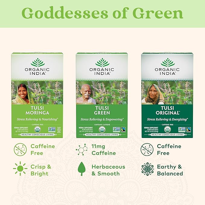ORGANIC INDIA Tulsi Moringa Tea Bags - Holy Basil, Lemongrass, Moringa Leaves, Stress Relieving & Nourishing, Immune Support Tea, Vegan, Certified Organic, Caffeine-Free - 18 Infusion Bags, 6 Pack