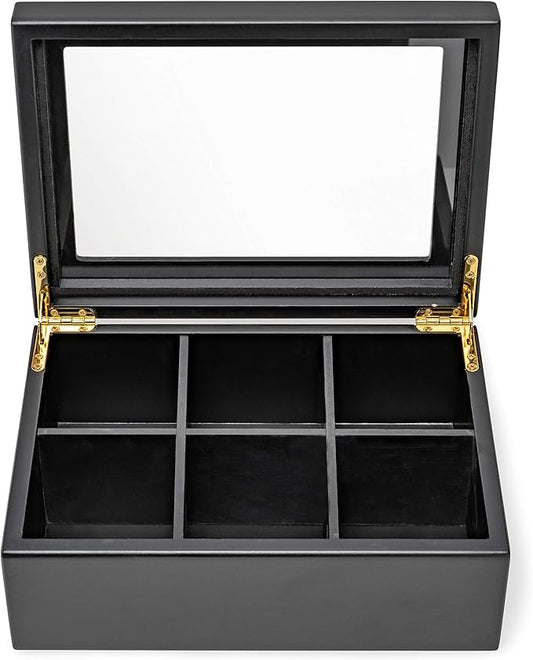 Break Tradition Wooden Tea Organizer For Tea Bags - 6 Compartments, Clear Top Window, Lid Stays Open (Black)