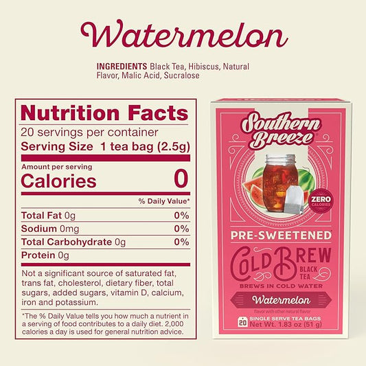 Southern Breeze Cold Brew Sweet Tea Watermelon Iced Tea with Black Tea and Zero Carbs Zero Sugar, 20 Individually Wrapped Tea Bags Southern Sweet Tea Iced Tea Beverage