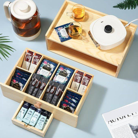 Tea Bag Organizer Wood Tea Organizer Storage Box 8 Compartments Container Holder with Lid to Storage and Keep Fresh(Brown)