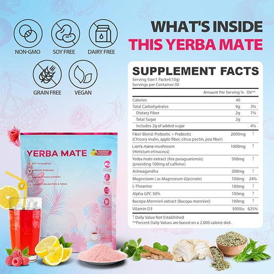 Super Yerba Mate Instant Powder, Yerba Mate with Lions Mane, Ashwagandha, Magbesium for Man & Women | Clean Energy & Focus Boost | Gut Support, Antioxidants | Raspberry Lemonade Flavor - 30 Servings