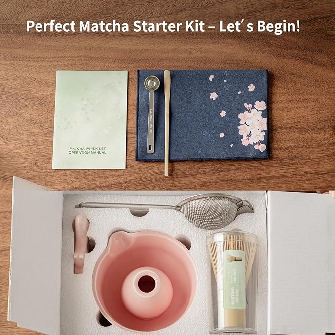 Matcha Whisk Set of 8 - Htrcxb Ceramic Matcha Set, Include Matcha Bowl, Matcha Whisk and Holder, Bamboo Scoop, Measuring Spoon, Scoop Rest