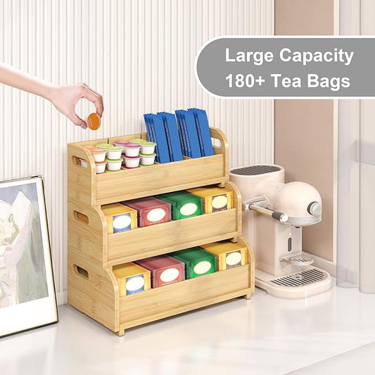 Wisuce Tea Holder for Tea Bags Organizer - Bamboo Tea Organizer for Tea Bags 3-Tier Stackable Wall Mount Large Capacity Tea Storage Box (Nature)