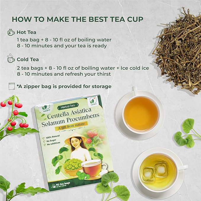Nmpt Dried Centella Asiatica Solanum Procumbens Tea, Handpicked and Handmade, 40 Sachets, Cold-Dried, Gluten-Free, No Added Sugar, Mild Sweet Flavor