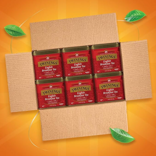 Twinings English Breakfast Loose Tea Tins, 3.53 Ounce Tins (Pack of 6), Smooth, Flavourful, Robust Black Tea Leaves, Caffeinated, Enjoy Hot or Iced