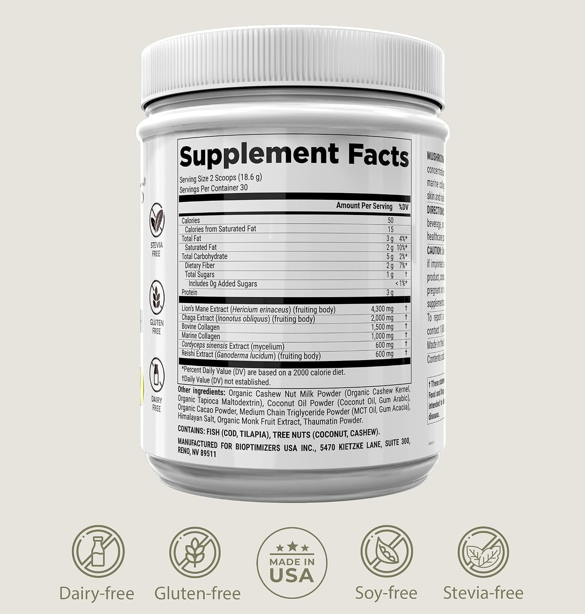 BIOptimizers Mushroom Coffee Alternative Drink, Chocolate, 30 Servings