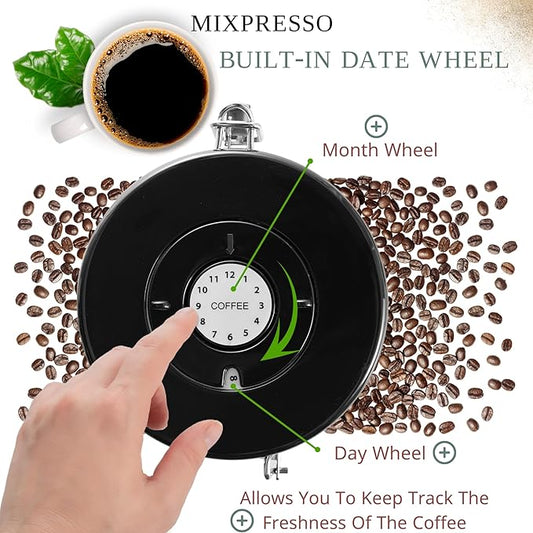 Mixpresso 16 Oz Black Coffee Canister, Stainless Steel Airtight Coffee Container, Air tight Jar Tea Storage with Date Tracker, Vacuum Sealed Espresso Airtight Canister, Sugar Container for Home