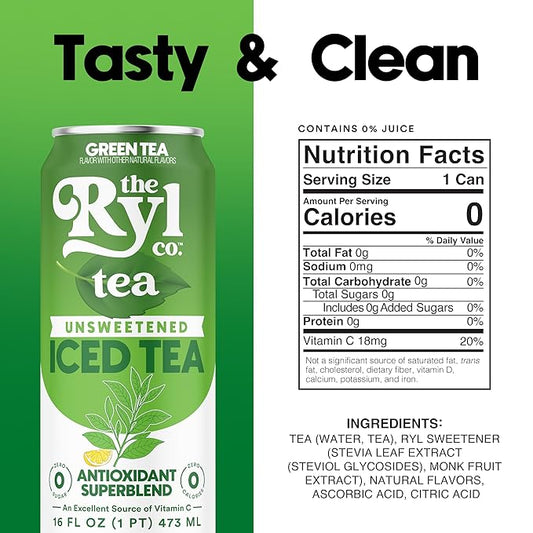 Ryl Iced Tea, Unsweetened Green Tea, Antioxidant Superblend, Zero Sugar, Zero Carb, Zero Calorie Iced Tea, 16.0 Fl Oz (12-Pack)
