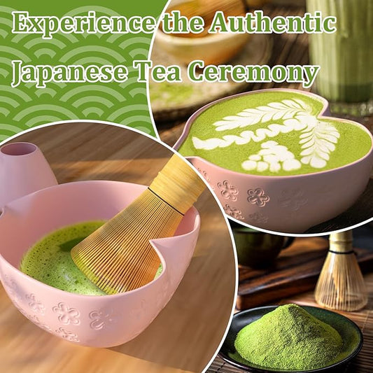 Matcha Whisk Set & Japanese Tea Set, 8PCS Ceramic Matcha Kit, Heart-shaped Matcha Bowl with Spout and Bamboo Whisk for Ceremony Matcha Lovers, Ideal Gift Christmas and Birthday (Cherry Blossom Pink)