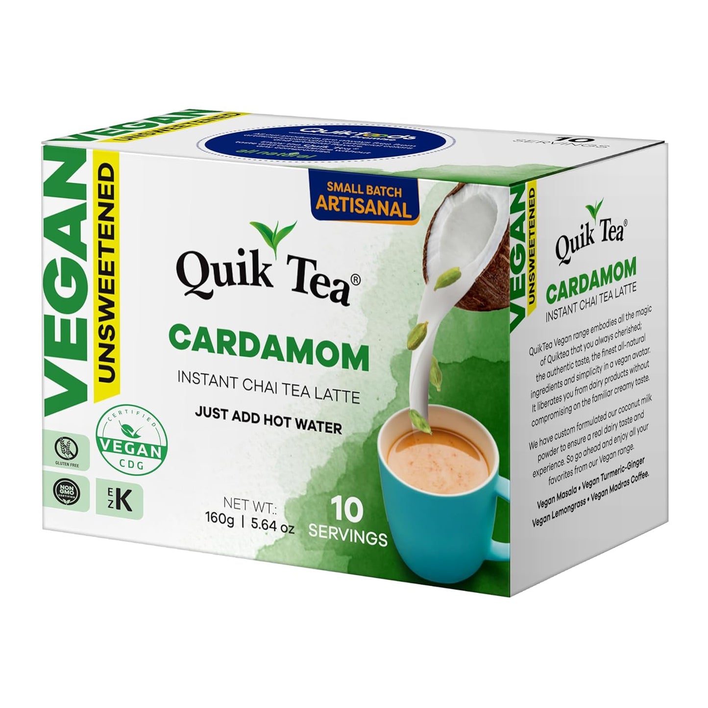 QuikTea Vegan Cardamom Unsweetened Chai Tea Latte – 10 Count, Bold Cardamom Flavor, Naturally Caffeine-Light, no preservatives, No Sugar Added – Just Add Hot Water