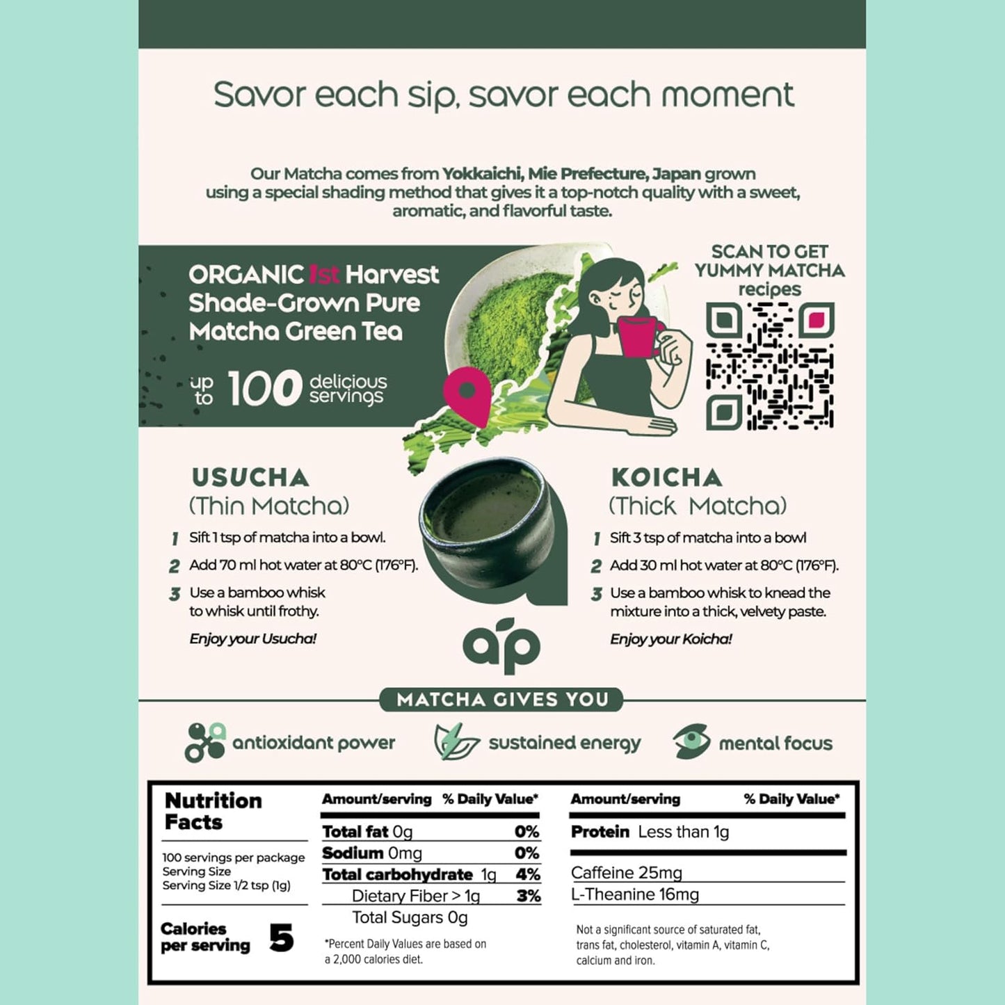 AprikaLife Organic Matcha Powder, USDA & JAS Certified, No Sugar Added, Authentic Japanese Ceremonial Grade Matcha Green Tea Powder, 3.5 oz/100g