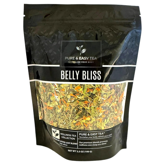 Pure And Easy Tea, Belly Bliss Loose Leaf Tea, Whole Leaf Botanical Blend with Yerba Mate, Sencha & Dandelion Leaf (100g)