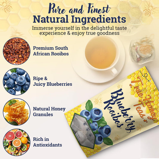 True Honey Blueberry Rooibos Tea Bags - Honey Crystals Blended in Every Sachet - Red Rooibos Tea with Dried Blueberry Juice - All Natural Organic Herbal Caffeine Free Tea Bag 24 Count