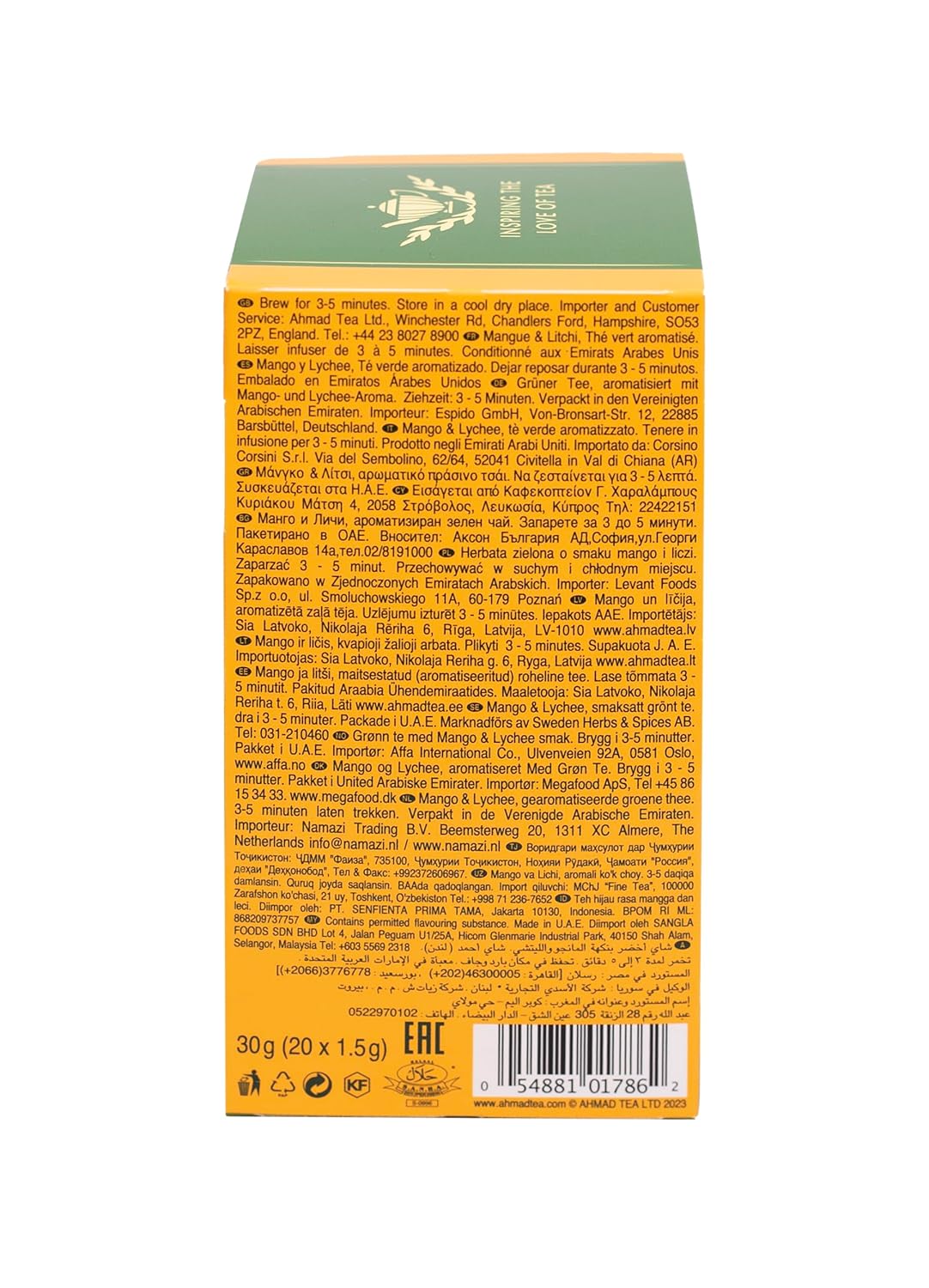 Ahmad Tea Green Tea, Mango & Lychee Teabags, 20 ct (Pack of 1) - Caffeinated & Sugar-Free