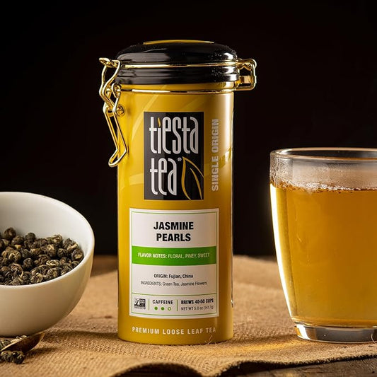 Tiesta Tea - Jasmine Pearls Green Tea, Loose Leaf, Single Origin Premium Jasmine from China, Medium Caffeinated, Makes Hot or Iced & Up to 50 Cups, 100% Pure Unblended, 5oz Refillable Tin