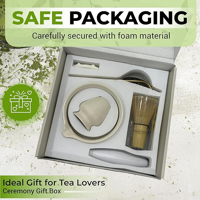 Matcha Whisk Set with Matcha Bowl - Matcha Set Included Electric Frother, Bamboo Whisk, Matcha Spoon, Bamboo Holder, Sifter, Spoon Stand (Wavy White)