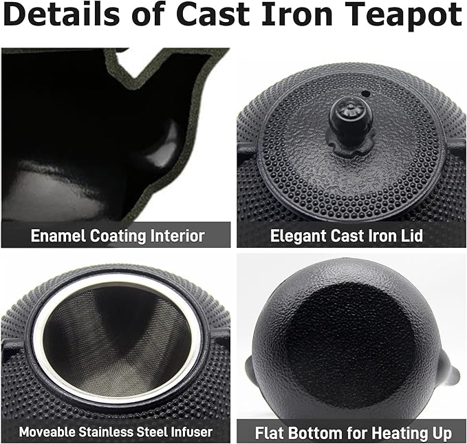 30.4oz Small Cast Iron Teapot Set with Candle Warmer, Japanese Tea Kettle for Stovetop Safe, Black Teapot and Tea Cup Set, Tea Pot with Strainer for Loose Leaf(900ml)