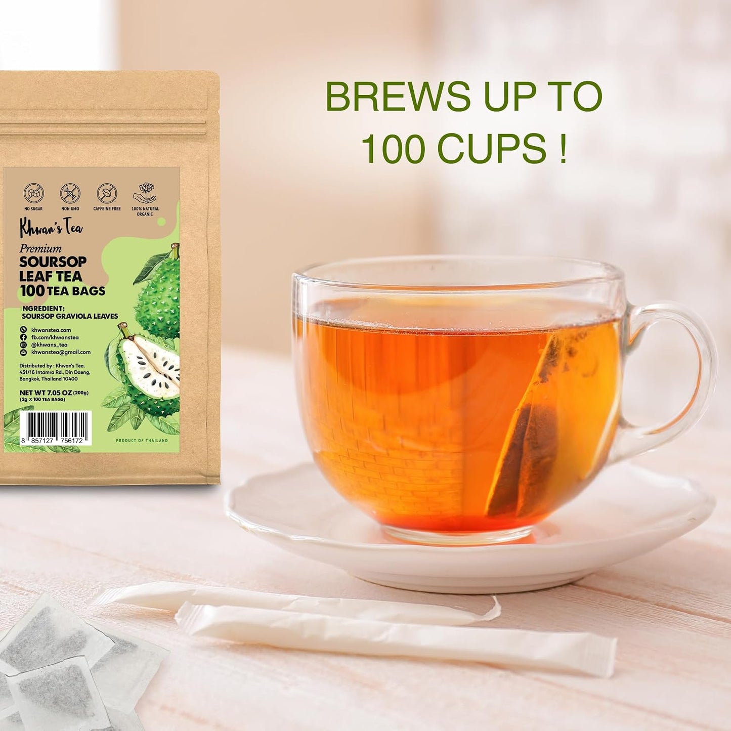 KHWAN'S TEA Soursop Tea Bags, Caffeine-Free Graviola Tea, 100 Count