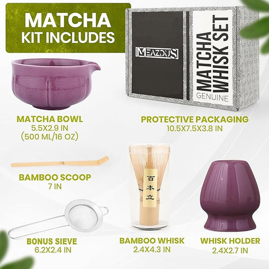 Matcha Whisk Set – 5 Piece Japanese Matcha Tea Set w/Ceramic Matcha Bowl, 100-Prong Bamboo Whisk & Holder, Scoop, & Stainless Sifter – Traditional Matcha Making Kit (Midnight Purple)