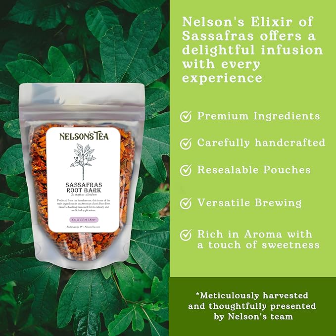 Nelson’s Tea - Sassafras Root Bark Cut & Sifted - Caffeine Free - Classic Root Beer Herbal Blend Tea, Premium Sassafras Albidum Aroma for Brewing, Mixing & Wellness, Freshly Packed Resealable Bag -2oz