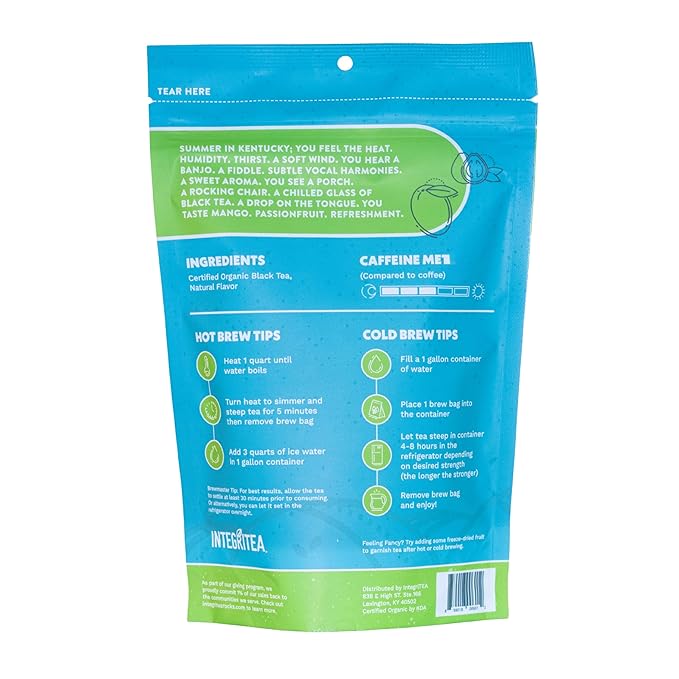 IntegriTEA Bluegrass Breeze Hot or Cold Brew Organic Black Tea Bags Infused with Guava Passion Fruit Mango- 6-Bags Unsweetened Tea Pack Makes 6 Gallons