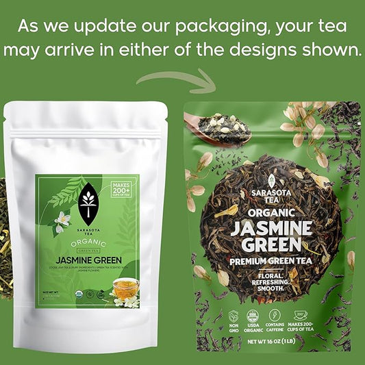 Organic Jasmine Green Loose Leaf Tea | Fragrant Chinese Green Tea Scented with Jasmine Blossoms | USDA Organic | 1lb Bulk Bag | Floral & Smooth | Hot or Iced | Non-GMO