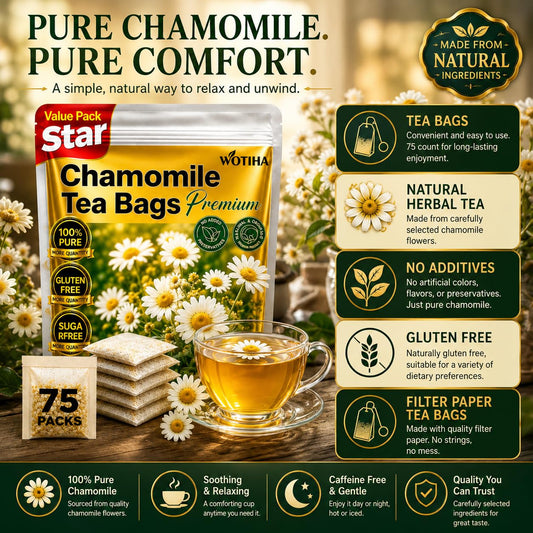 WOTIHA Chamomile Tea Bags, Pure Chamomile Flowers, Caffeine-Free, 75 Count | Chamomile flower herbal tea for evening and bedtime routines; caffeine-free, sugar-free, additive-free, vegan and Non-GMO.