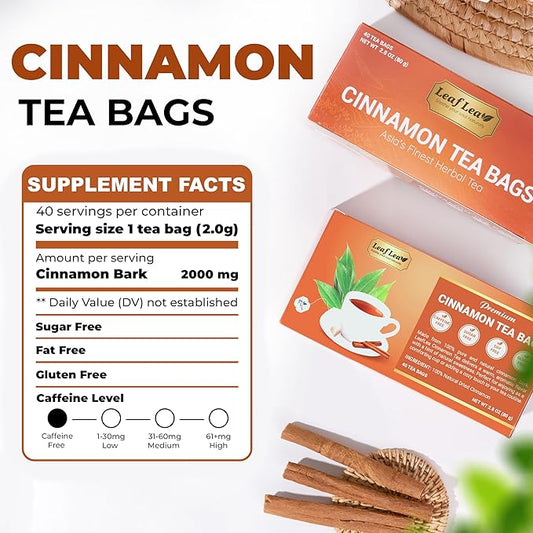 LeafLea 120 Cinnamon Tea Bags, Premium Herbal Tea with Ground Cinnamon Sticks, Spiced and Soothing Flavor for Relaxation, Caffeine-Free, Sugar-Free, Non-GMO, Vegan