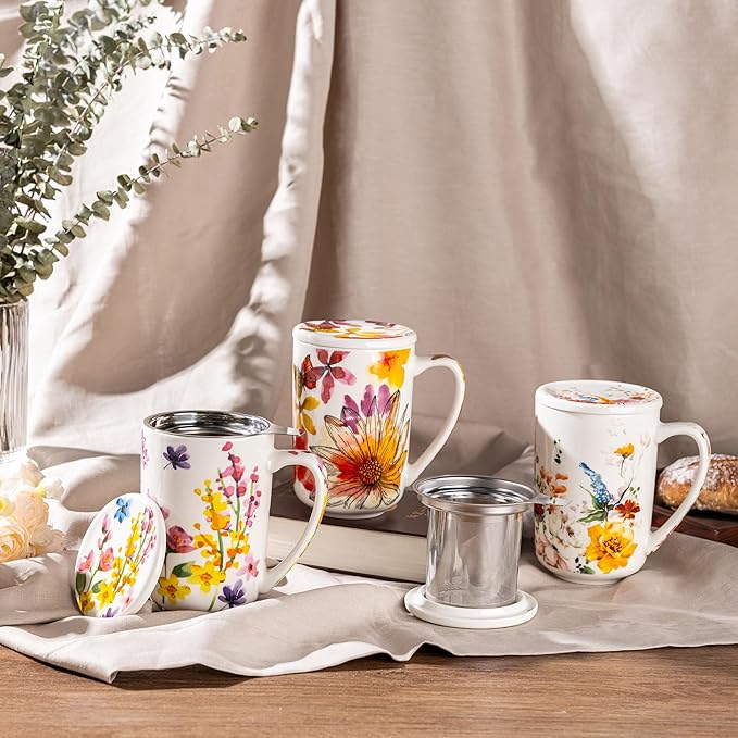 Gbhome Tea Mug with Infuser and Lid, 18 Ounce Large Ceramic Loose Leaf Cup, Microwave, Dishwasher Safe, Perfect For Tea Lovers