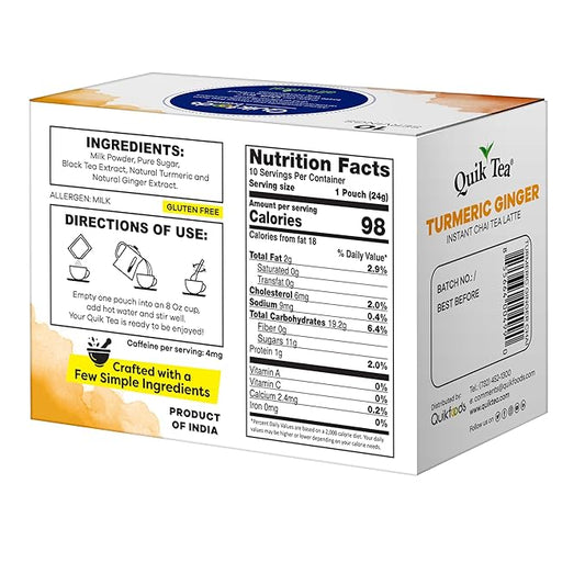 QuikTea Turmeric Ginger Chai Tea Latte - 10 Count Single Box - All Natural Preservative Free Authentic Instant Chai from Assam
