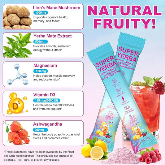 Super Yerba Mate Tea Instant Powder, Triple Vitality Energy Drink Mix, Low Sugar Prebiotic Fiber, 30 Single-Serve Packets (Hot or Cold)