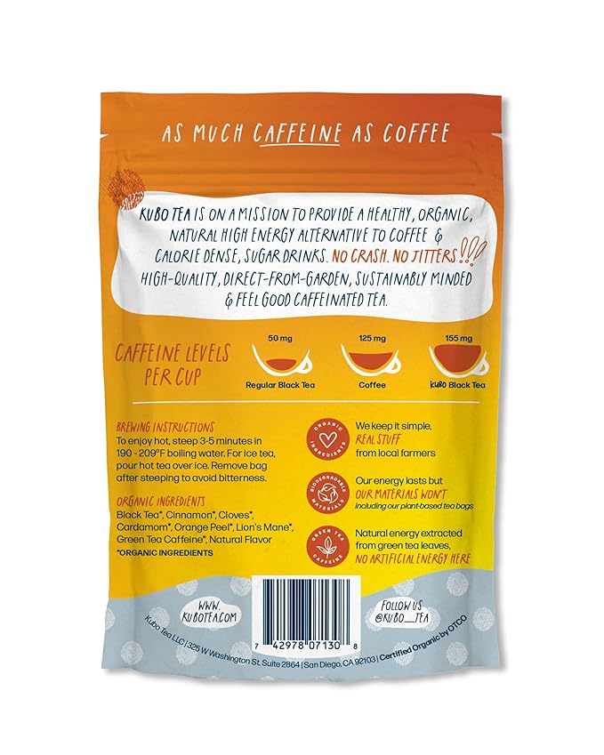 High Caffeine Mushroom Tea (155 mg) – Kubo Tea: Organic Lion’s Mane Chai Black Tea Bags for Clean Energy & Focus | Healthy Coffee Substitute | Mushroom-Infused Blend | 20 Ct | Compostable Packaging